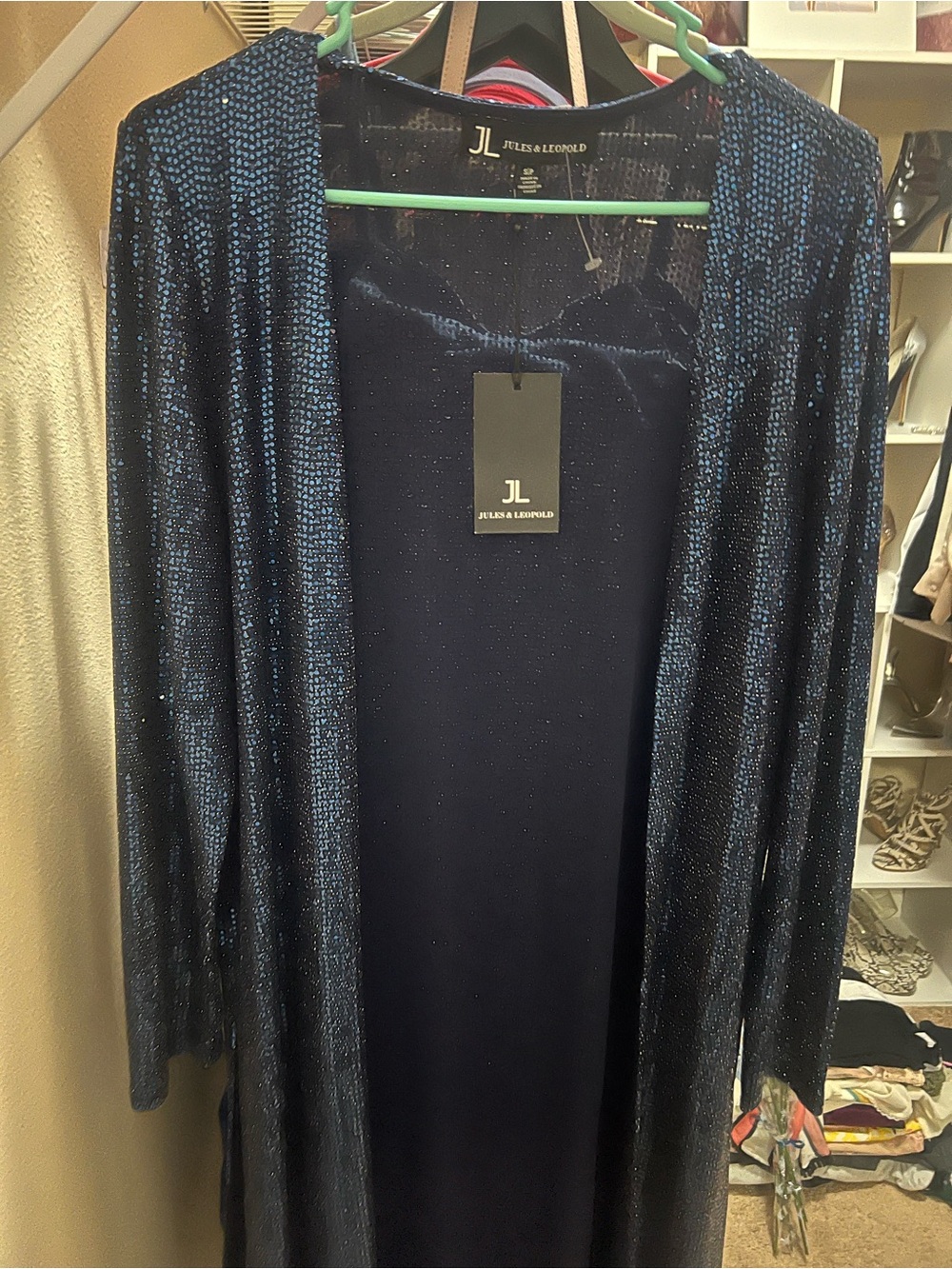 Jules & Leopold Navy Metallic Open-Front Blazer
